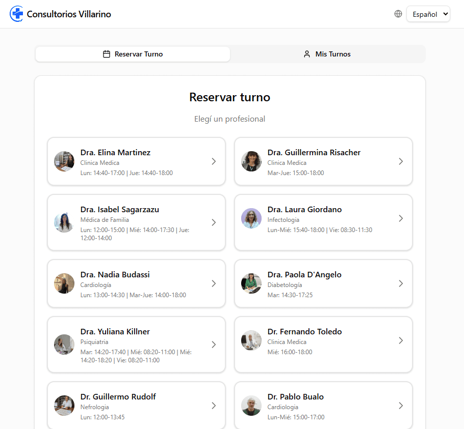 Consultorios Villarino - Online booking page showing professionals available for appointment