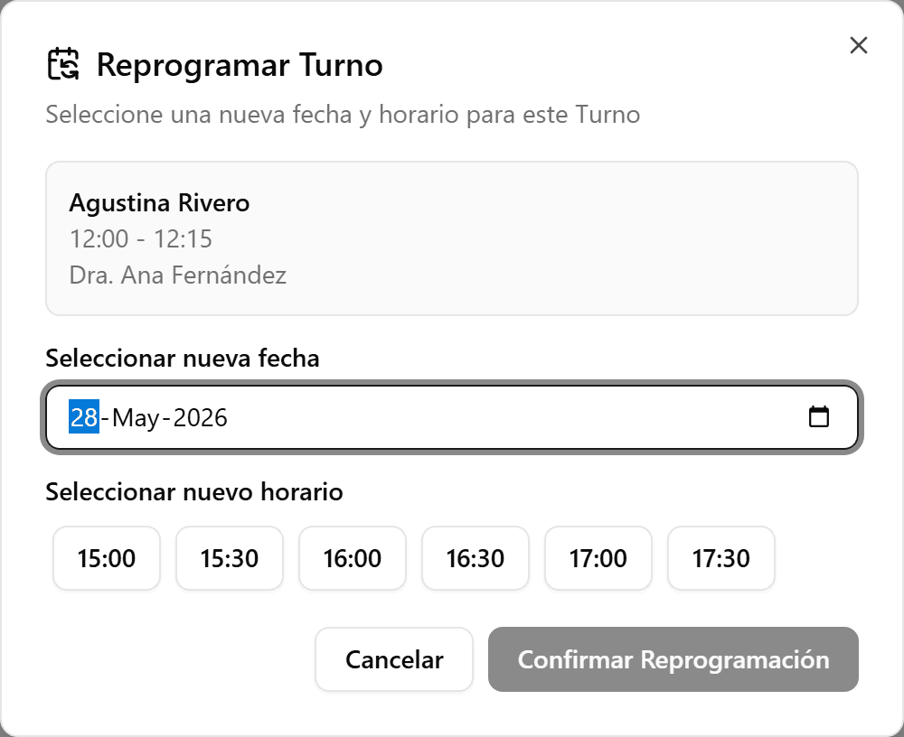 Selector de nueva fecha en el diálogo de reprogramar